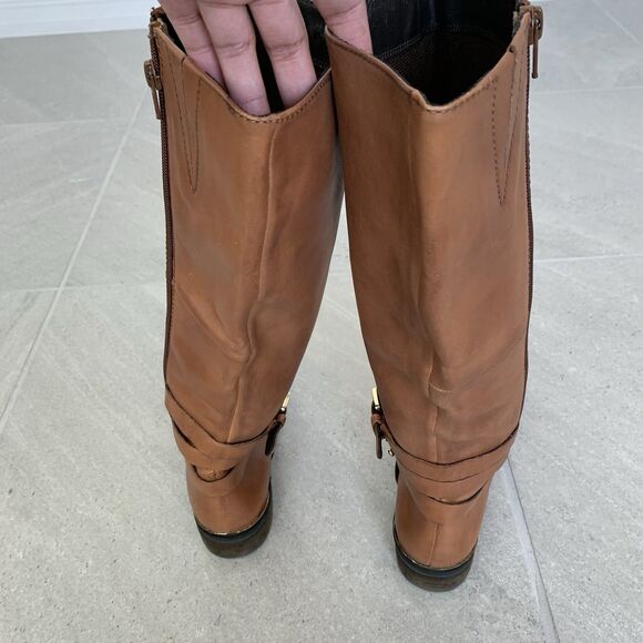 Steve Madden Albany Cognac Leather Belted Riding Boots Sz 8.5 - Picture 5 of 5